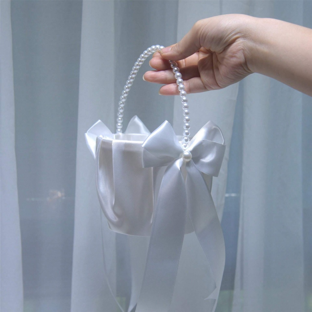 Gardening Tools Girls - Beyaz Saten Fiyonklu Çiçek Kızı Sepeti,
